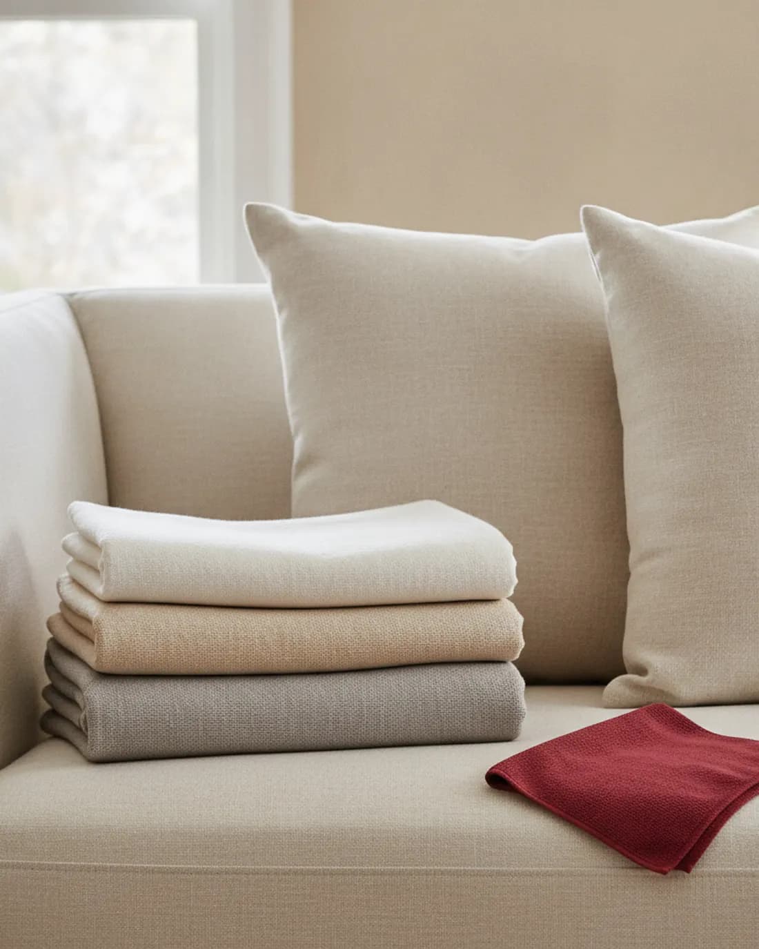 Folded linens, aligned cushions, and a red cloth, the quiet result of a careful clean